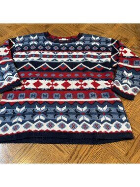 Vintage Two Twenty Red White Blue Nordic Abstract Crewneck Sweater Large